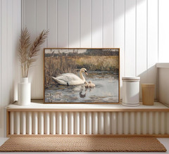 Vintage Swans Family In The Lake Canvas Wall Art Wild Animal Landscape Oil Paint