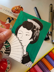 ACEO Original Art Card Ink Painting Japanese Geisha Portrait by Tsarina Sofia