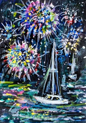 ACEO Original Painting FIREWORKS Summer Sailboats Ocean Sea Bay Boats Night ART