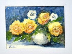 Original Painting Yellow roses in a vase still life abstract Watercolor A4