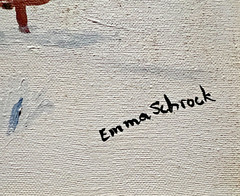 EMMA SCHROCK „THE OLD HOMESTEAD“ ORIGINAL OIL ON CANVAS PAINTING DATED 1986 SNOW