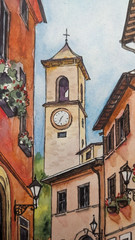 Сityscape Watercolor Original Painting European Architecture Old Town Artwork