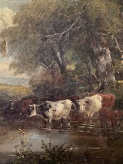 Antique French BARBIZON School Old Master Oil Canvas 1850’s – Cows at the Pond