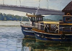 Small fleet. Cityscape oil painting 14х10″ Ukrainian Original Art