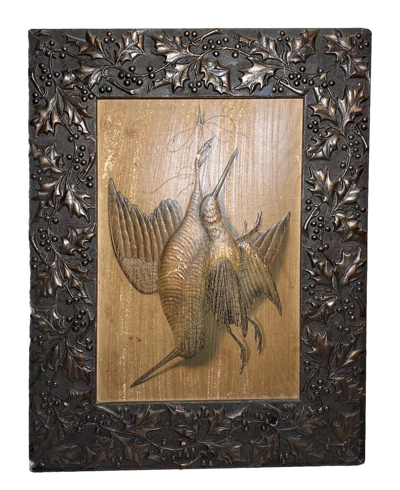 Antique 20” Upland Hunting Pheasant Painting Wooden Plaster Frame Fowling Holly