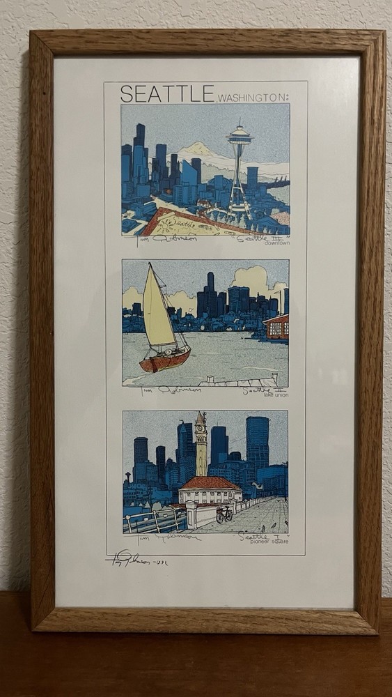 Tim Robinson Print SEATTLE Signed Space Needle Lake Union Downtown PioneerSquare