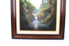 Vintage Landscape Jungle Waterfall Oil Painting On Canvas Signed Wanda Illegible