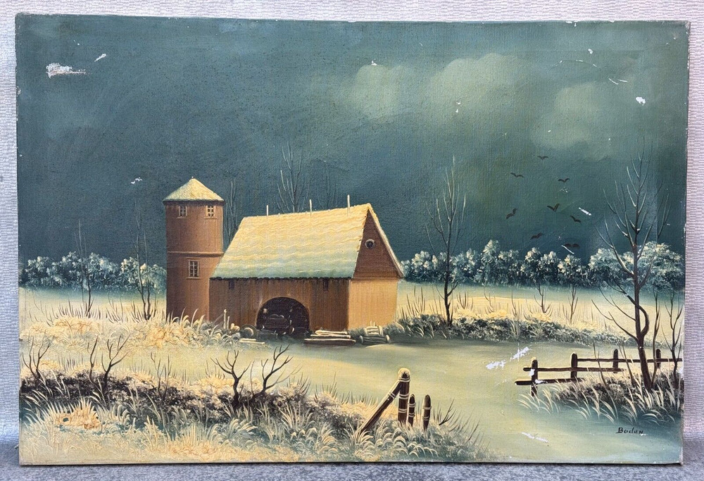 BODAN SIGNED OIL PAINTING WINTER BARN SNOW LANDSCAPE 24″ X 36ART RESTORATION