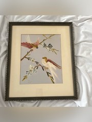 Vintage painted oriental bird artwork original framed wall hanging home decor