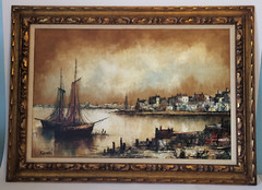44×32 Original Oil Painting Signed Karoni seaside Bay Sea View Nautical Boat Bay