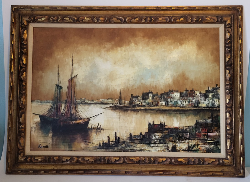 44×32 Original Oil Painting Signed Karoni seaside Bay Sea View Nautical Boat Bay