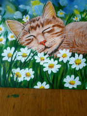 Acrylic painting „Sleeping ginger cat“ daisies grass unique piece new hand