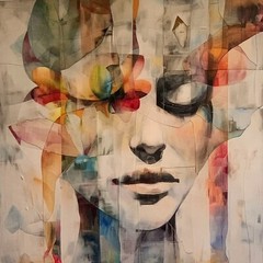 Illusions of Pleasure, Woman’s Portrait, Mixed Media Art, Print, 16“ x 16“