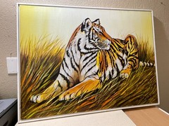 Mid Century Signed Hand Paint TIGER On Canvas Art Decor Wood Framed Hangs