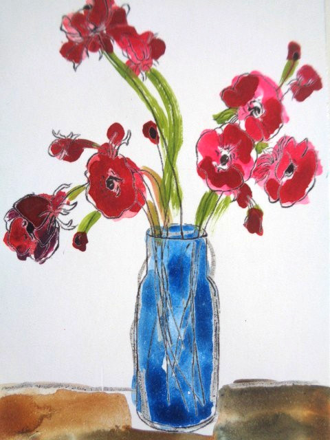 ACEO Pretty RED FLOWERS FLORAL Still Life Painting Art