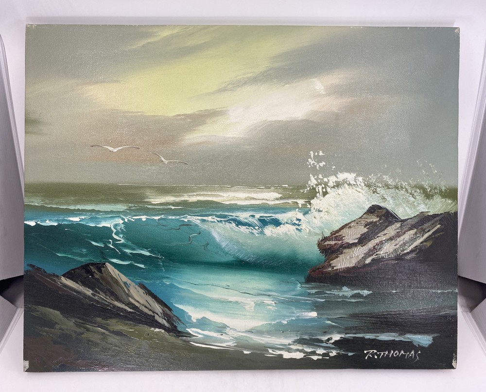 SEASCAPE OIL on CANVAS artist signed R THOMAS Vintage Painting Seagulls Waves