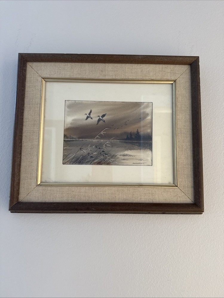 Vintage watercolor painting of Pond With Ducks signed WI artist Bernhardt