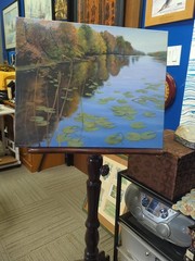Oil On Canvas Depecting Serene Creek With Water Lilies In The Fall
