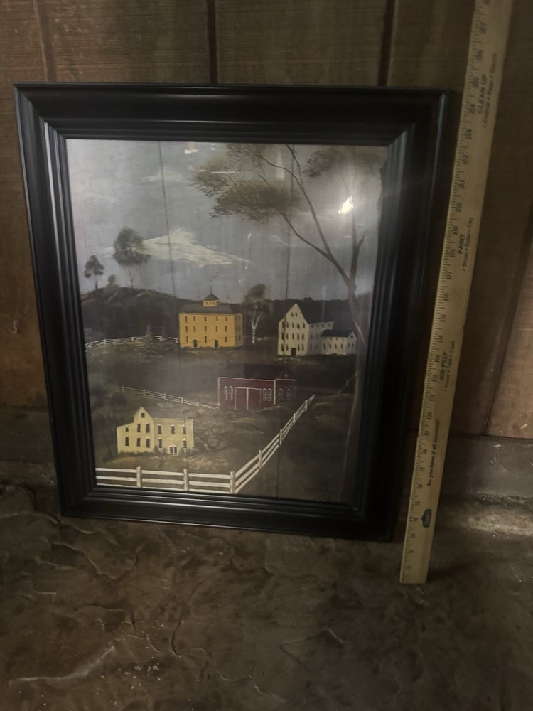 Chris Palmer Framed Folk Art Landscape Painting Barn Trees Signed 24 in