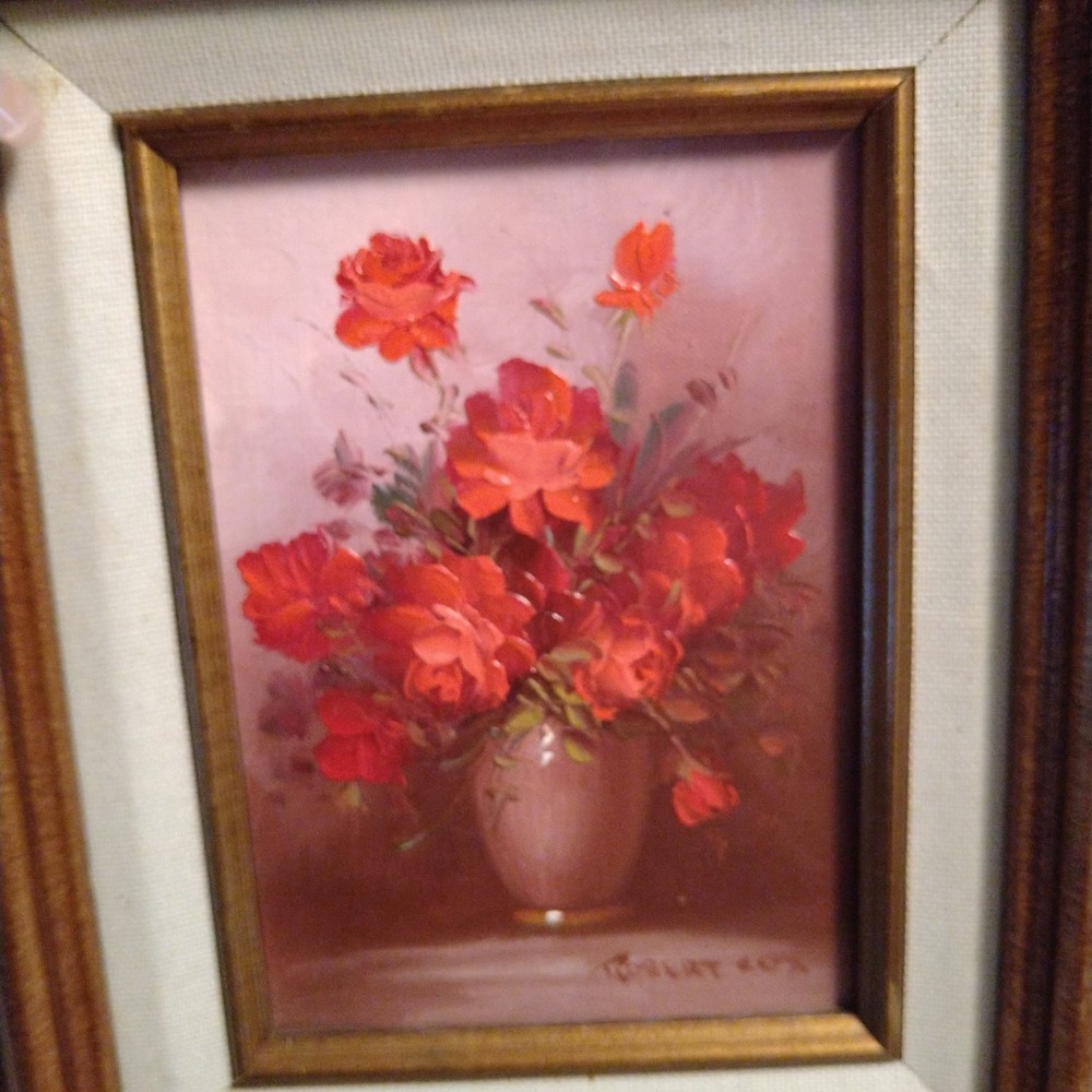 Robert Cox Oil Painting Still Life Roses 12×10″ Signed Wood Framed Vintage