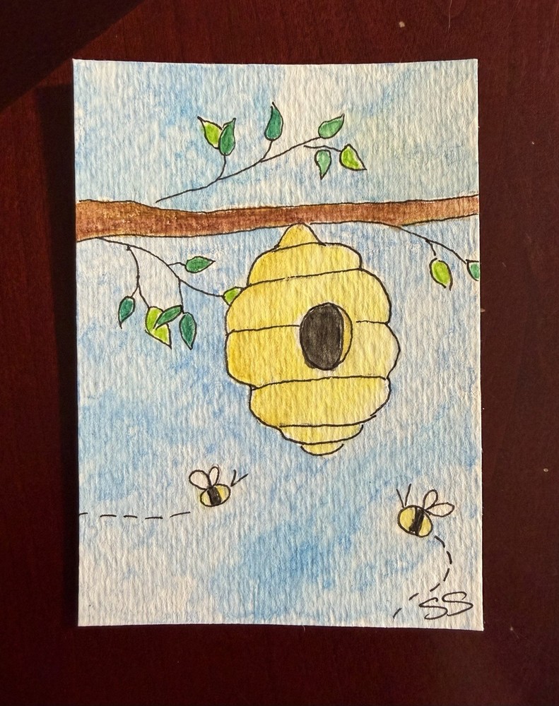 ACEO ATC original Watercolour painting—Beehive Bees Honey Honeybees Flying Bees
