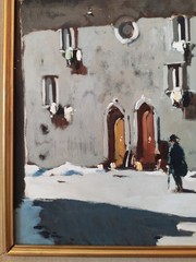 Snowfall in an Old Italian Village Winter Landscape Vintage Oil Painting signed