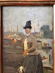 19th Century French Impressionism Woman and his Dog by the Seine Antique Oil