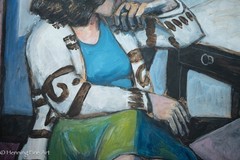 Vintage Modernist Painting Female Portrait with Feet Up Illegibly Signed 30×35″