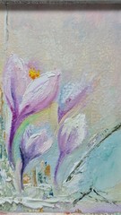 Original oil painting, signed, framed Spring flowers crocuses 4x4inches