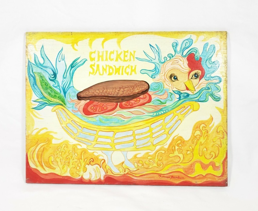 Nakene Q Engle MCM Painting on Board Sandwich Shop Sign Original Evansville