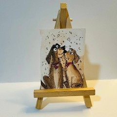 Cute Dog Couple Heart Glasses ACEO Original Watercolor Painting Folk Art OOAK
