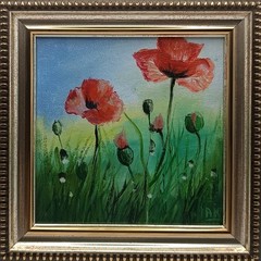 Original Red Flowers Painting Small Framed Meadow Poppy Field Summer Grass Art