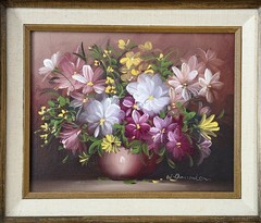 Vintage ORIGINAL 1980s Shades of Pink Floral Daisies SIGNED W Damien FRAMED