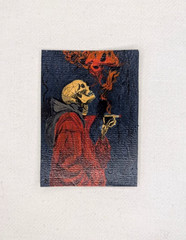 Original ACEO Acrylic Painting Skeleton Smoking Red Jacket Gothic Macabre OOAK