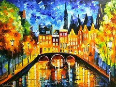 Leonid Afremov-Amsterdam Night Canal-Original Oil/Gall Wrapped Canvas/Signed/COA