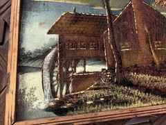 VINTAGE ORIGINAL PAINTING LANDSCAPE WATERMILL SCALLOPED WOOD FRAME Caravaggio