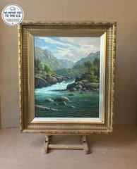 Svend Drews (1919) Norwegian Mountain Waterfall Landscape Oil .ca 1940s. COA