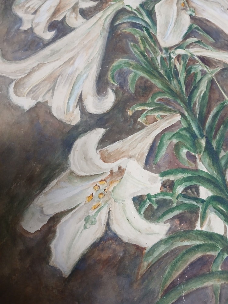 1913 Watercolor Art Easter Lillies Artist Marquerite Arrell 17″x 14″