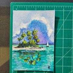 Beach Island Painting Tropical Seascape Palm Trees Ocean Landscape Art Postcard
