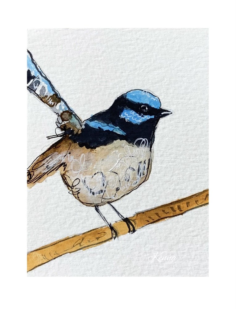 ACEO By Kenna Watercolour Blue Fairy Wren Bird Painting 2.5” X 3.5” Signed ÀTC