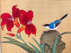Chinese Original Watercolor Silk Painting BlueBird, Rock and Lily Flowers 9X8.5