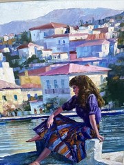 Original Huge HOWARD BEHRENS Oil Painting Grecian Harbor Estate Fresh