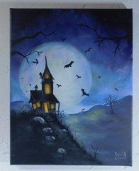 Haunted House on a Hill with Bats & full moon Original Art by Rain Crow