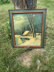 Antique Oil painting Board Winterscape Night Lake 19×22” Homestead Emma Kinsey