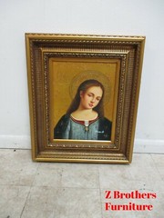 Small Gold Gilt Carved Framed Religious Woman Bust Oil Painting