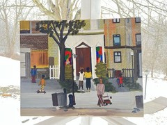 Vintage Folk Art Urban Street Scene Painting 30×18 Framed