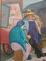 American NY Ashcan Artist Cecil Bell „Peanut Vendors“ Oil on Board Painting 1964