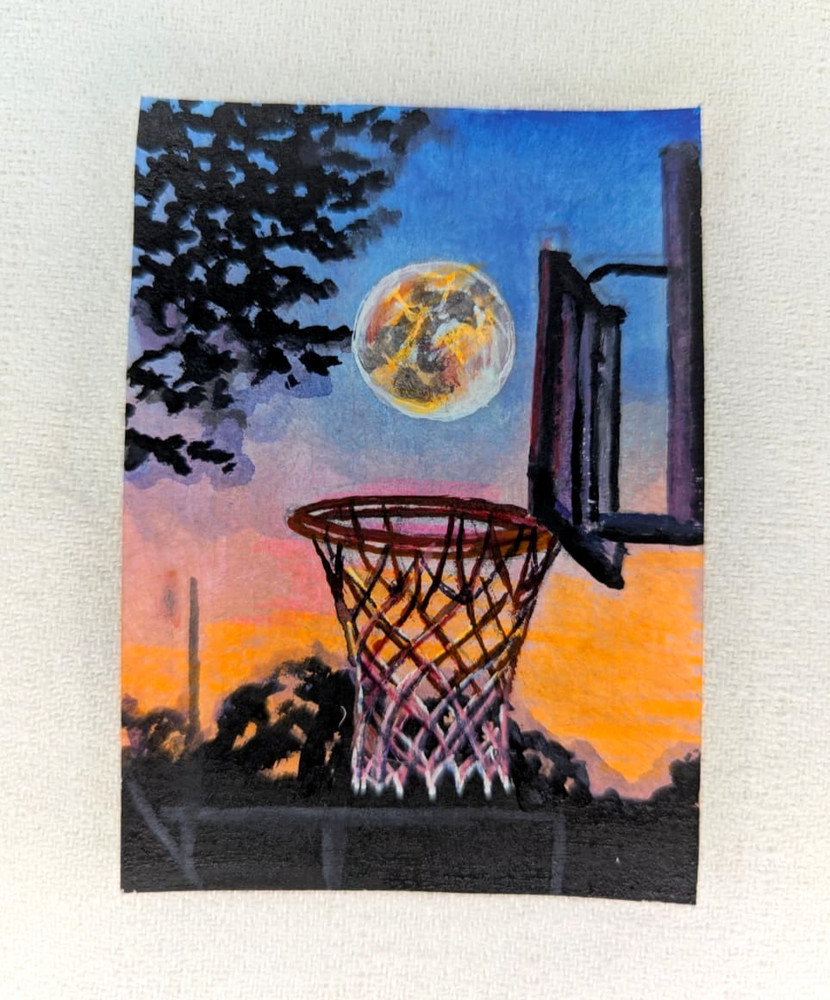 ACEO Original Acrylic Painting Basketball Hoop Sunset Full Moon OOAK Mini Art