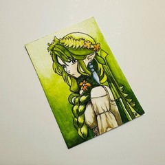 Elf Girl ACEO Original Watercolor Painting Fantasy Portrait Emerald Woodland Art