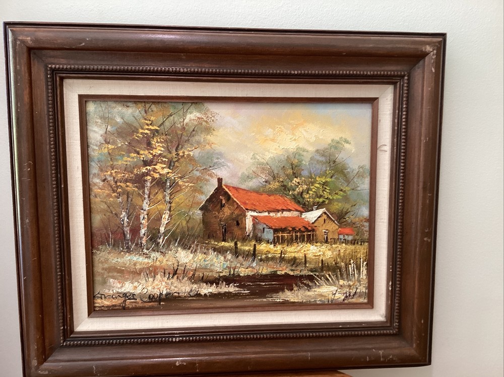 STRANGER COOPER. Vintage Painting on Canvas “ Family Farms “Framed